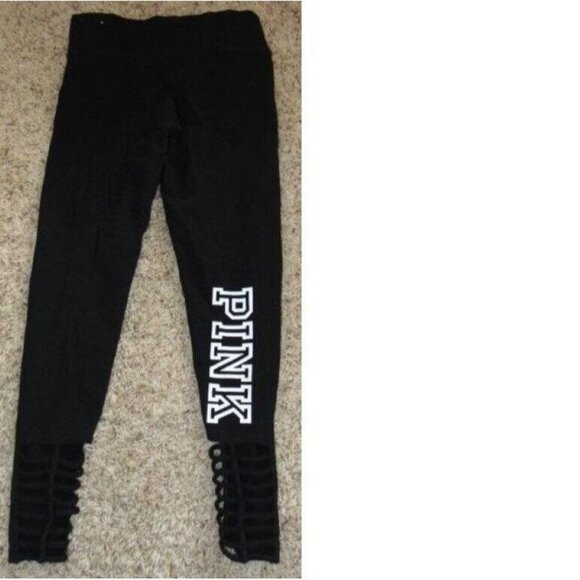 Womens Victorias Secret PINK Yoga Crop Pants Medium Black White Logo Strappy Leg - Picture 5 of 6